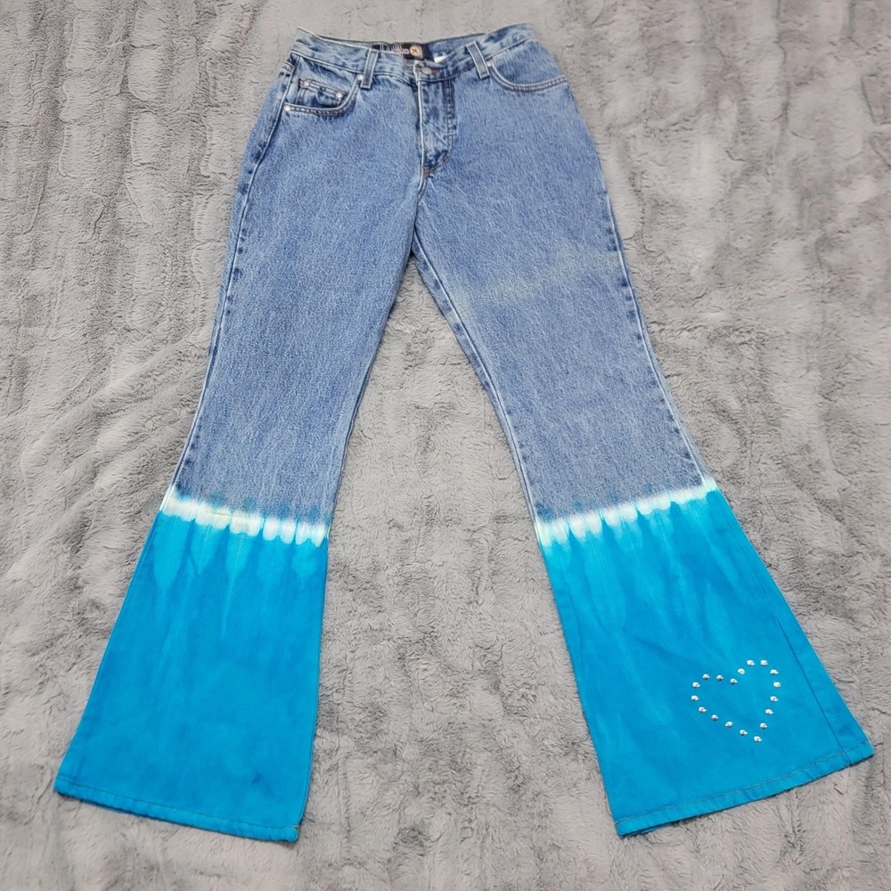 Vintage 90s Red X Jeans Womens 5 Blue Mid Rise‎ Flare Dip Dye Stud Heart USA Y2K